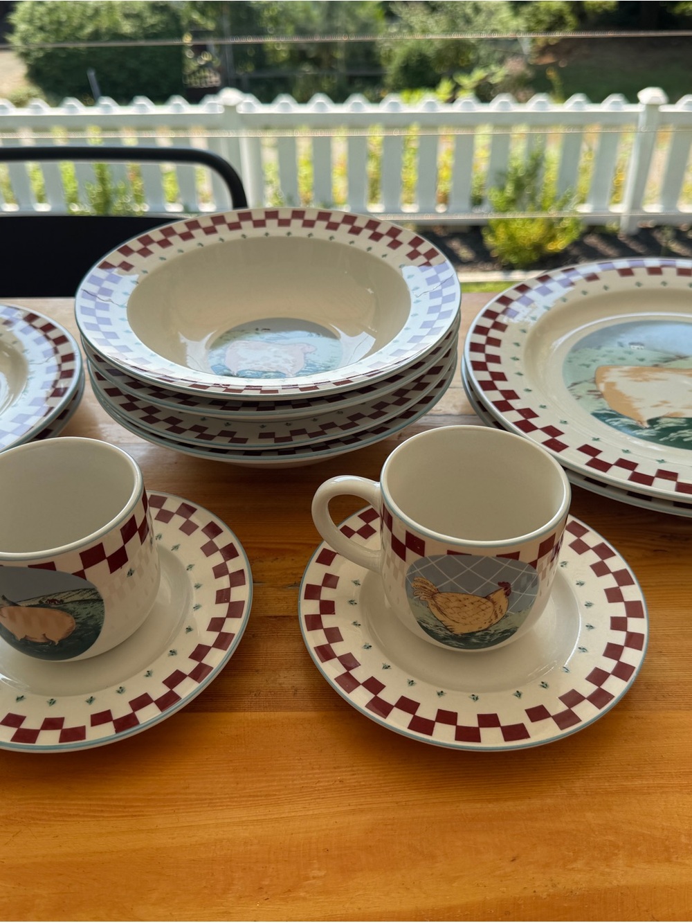 Tienshan Cream and Burgundy Checkered Farmhouse Dinnerware Set